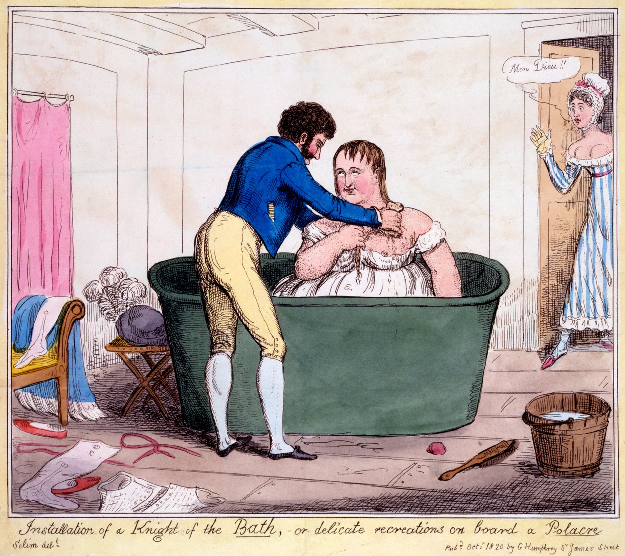 Installasjon av en ridder av badet, eller delikate rekreasjoner om bord på en Polacre, 1820 (håndfarget gravering) av George Cruikshank