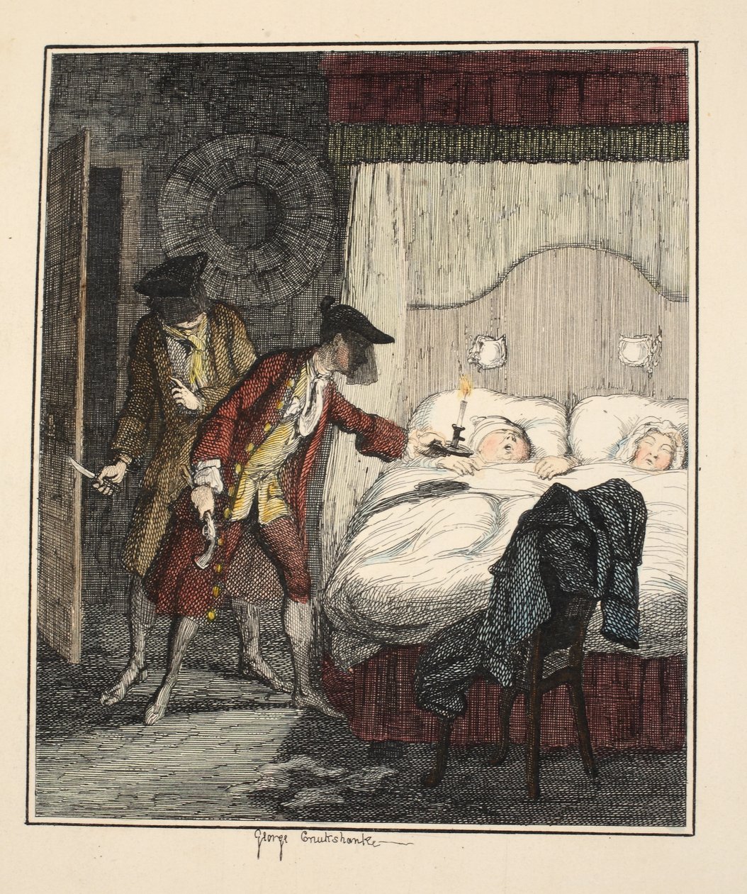 Jack Sheppard & Blueskin i Mr. Woods soverom, illustrasjon fra Jack Sheppard: A Romance av William Harrison Ainsworth, utgitt 1839 (håndfarget etsning) av George Cruikshank