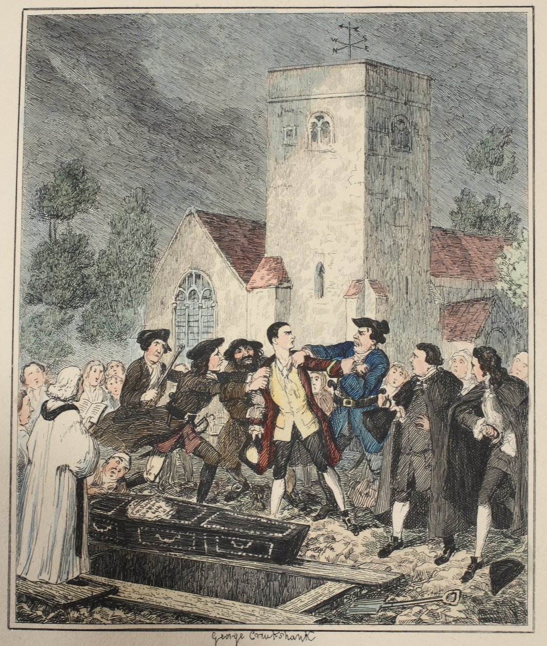 Jonathan Wild grep Jack ved morens begravelse i Willesden Churchyard, illustrasjon fra Jack Sheppard: A Romance av William Harrison Ainsworth, utgitt 1839 (håndfarget etsning) av George Cruikshank