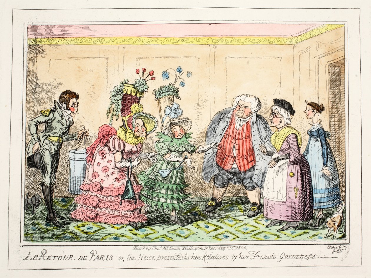 Le Retour de Paris, eller niesen presentert for sine slektninger av hennes franske guvernør, pub. 1835 (håndfarget etsning) av George Cruikshank