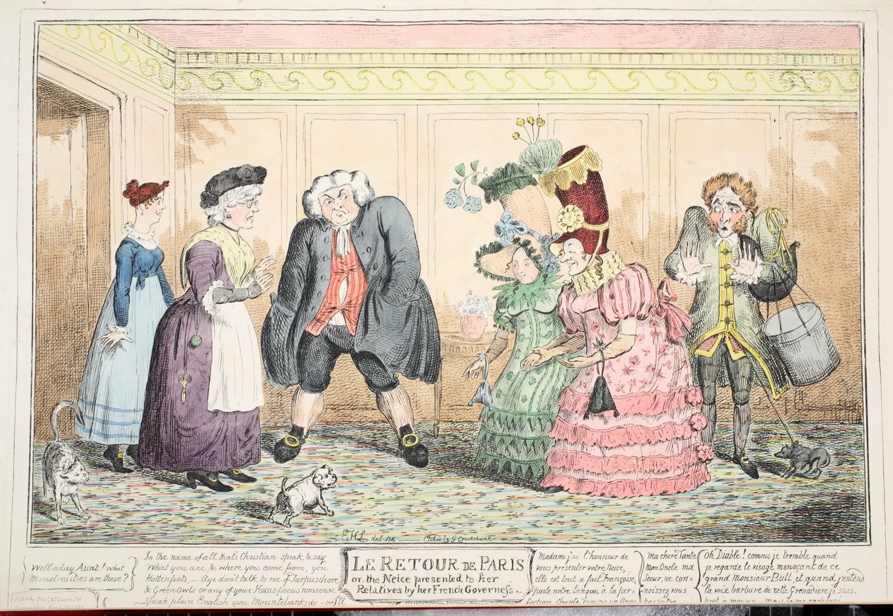 Le Retour de Paris, eller niesen presentert for sine slektninger av hennes franske guvernante, 1816 (håndfarget gravering) av George Cruikshank