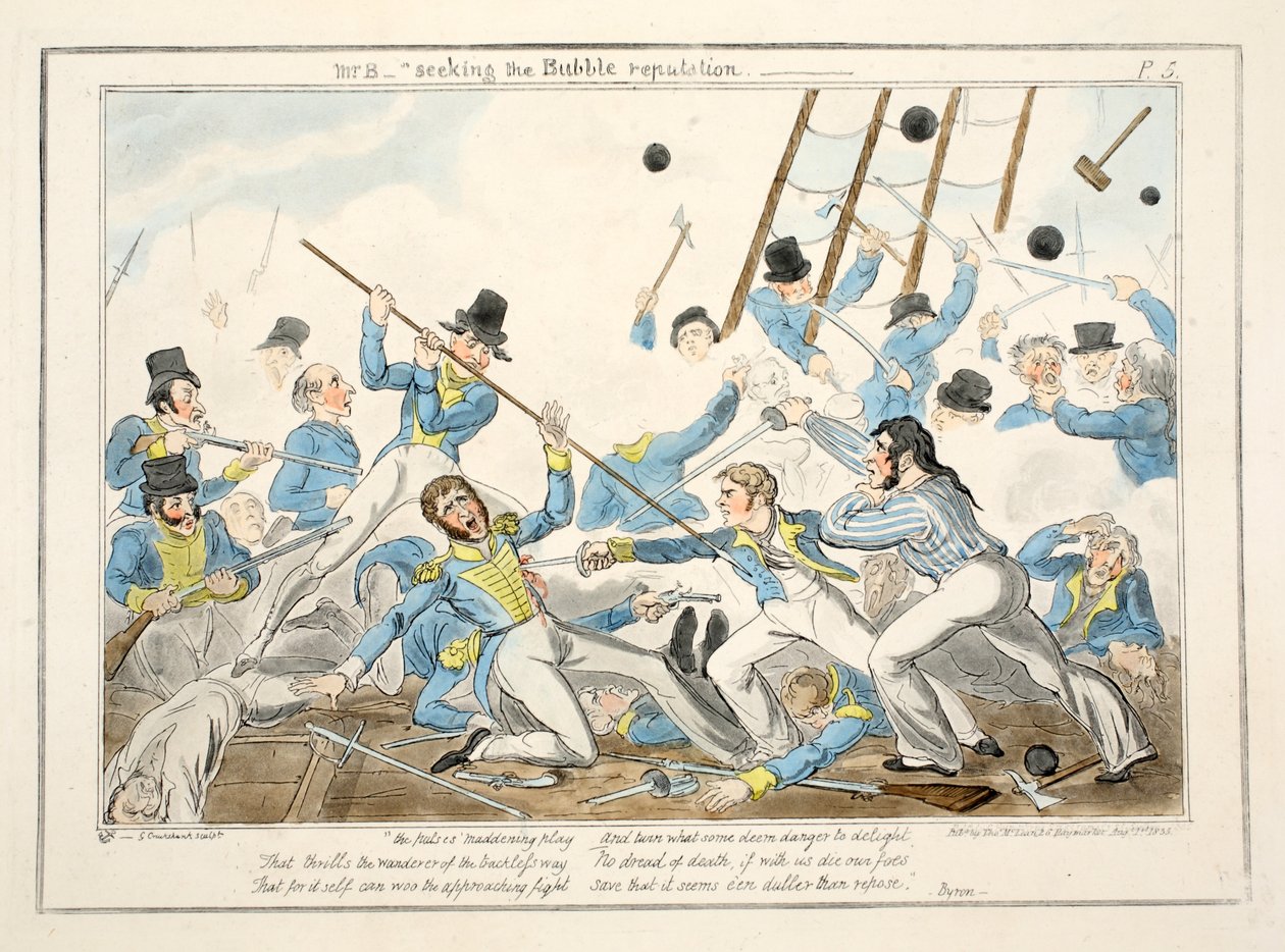 Mr. B - Seeking the Bubble reputation, fra The Progress of a Midshipman, 1835 (håndfarget gravering) av George Cruikshank