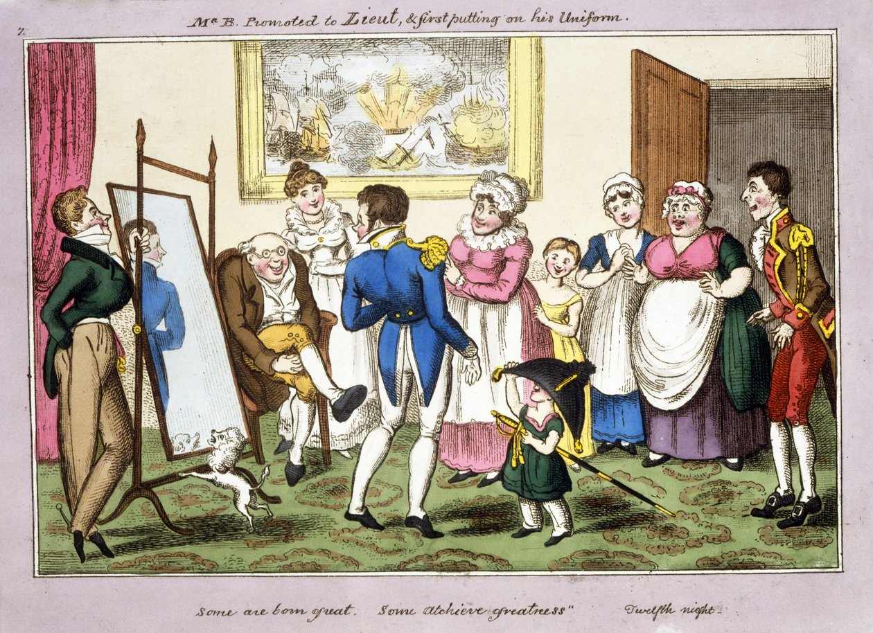 Herr B. forfremmet til løytnant. og tok på seg uniformen først, 1835 (håndfarget akvatint) av George Cruikshank