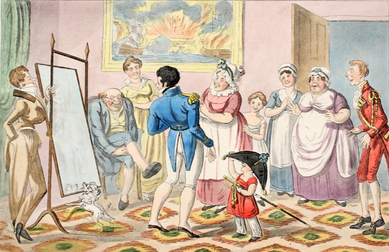 Mr. B forfremmet til løytnant, og tok først på seg uniformen, fra The Progress of a Midshipman, pub. 1835 (håndfarget gravering) av George Cruikshank