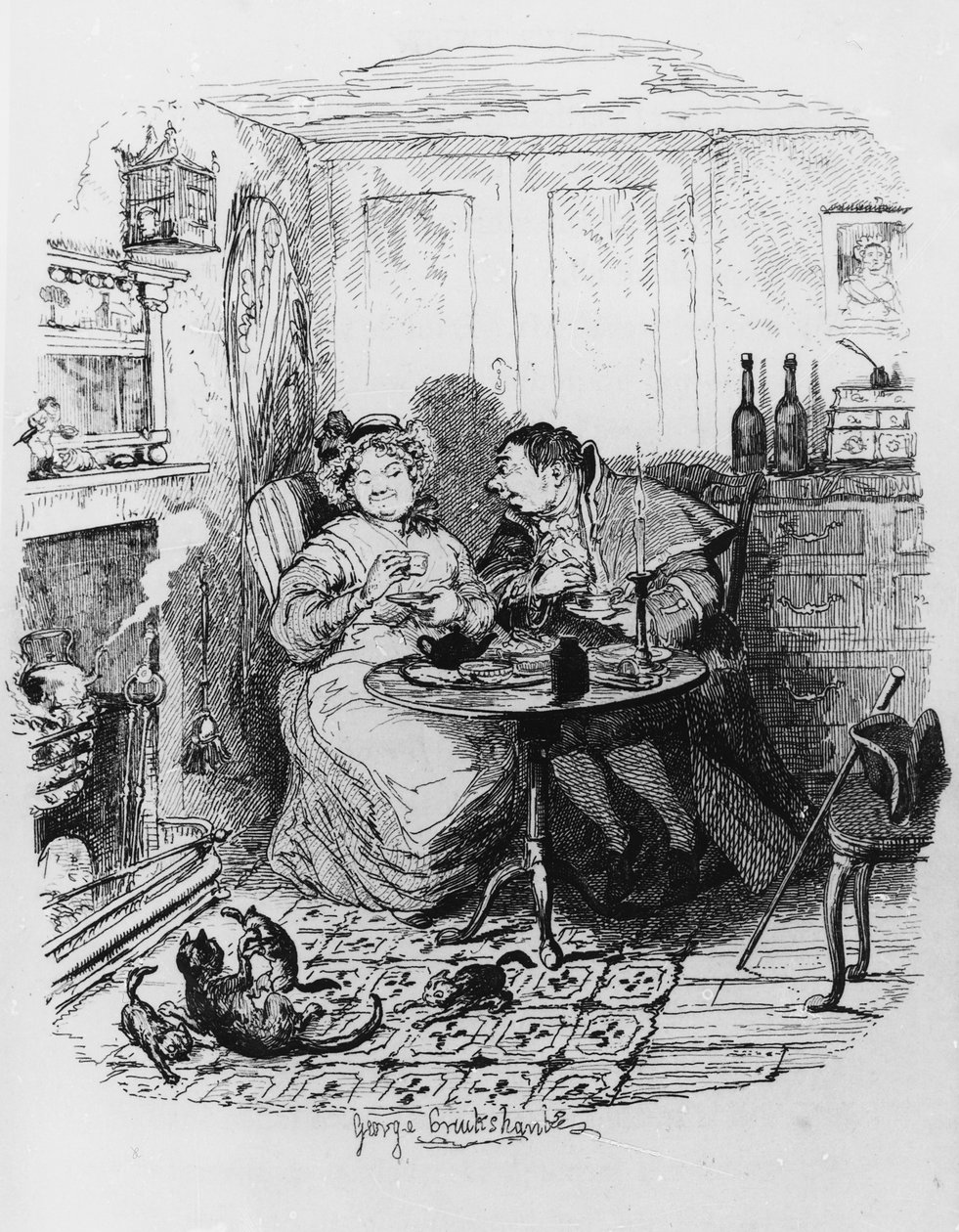 Mr Bumble og Mrs Corney tar te, fra "The Adventures of Oliver Twist" av Charles Dickens (1812-70) 1838 av George Cruikshank