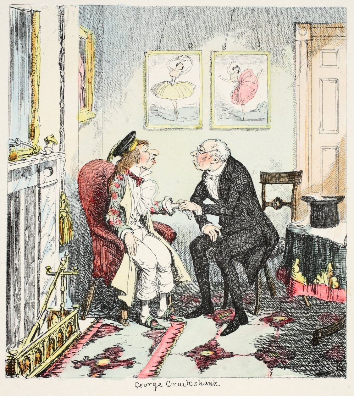 Mr Lambkin finner ut at han har gått ganske for fort i Pursuit of Measure and Amusement, fra The Bachelors Own Book or the Progress of Mr Lambkins, pub. 1844 av George Cruikshank