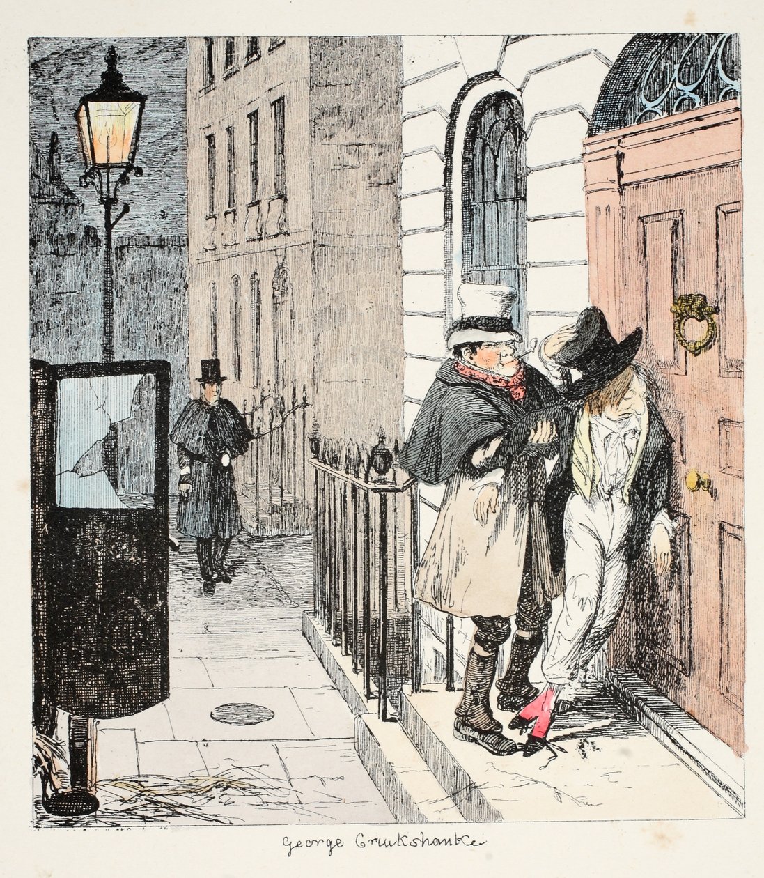 Mr Lambkinss vaner blir verre og verre!? Klokken 3 a. m. han er plassert oppreist (veldig lystig) mot sin egen dør, av en godhjertet Cabman, fra The Bachelors Own Book or the Progress of Mr Lambkins av George Cruikshank