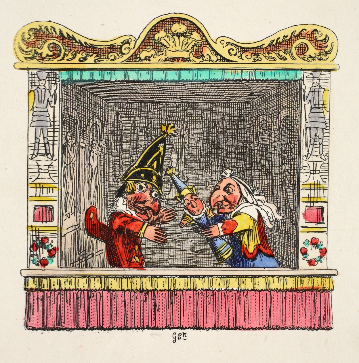 Punch and Judy with the Child fra "Punch and Judy", pub. 1827 (håndfarget gravering) av George Cruikshank