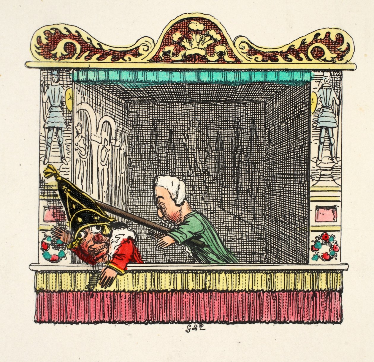 Punch blir truffet bakfra av legen fra "Punch and Judy", pub. 1827 (håndfarget gravering) av George Cruikshank