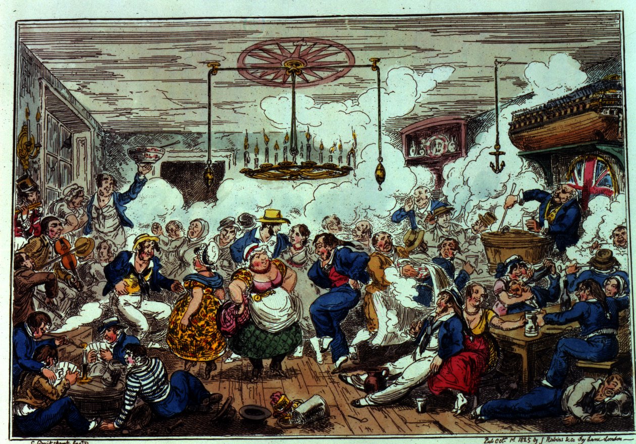 Sailors Carousing, eller et pip i det lange rommet, utgitt av James Robins und Co., 1. oktober 1825 (farget etsning) av George Cruikshank