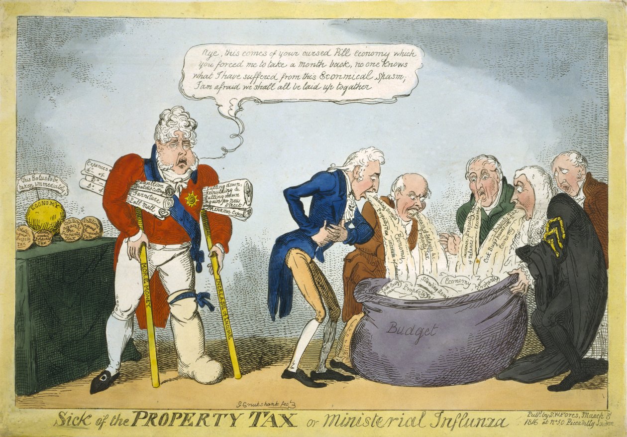 Syk av eiendomsskatt eller ministerinfluensa, 1816 (håndfarget etsning) av George Cruikshank