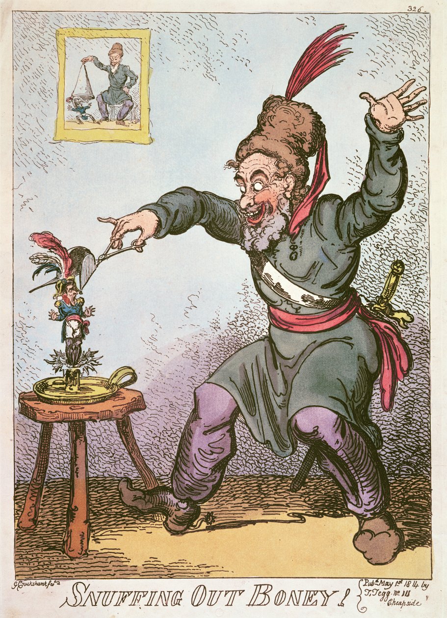 Snuffing out Boney, 1814 (farget litografi) av George Cruikshank