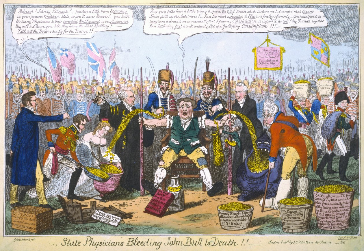 State Physicians Bleeding John Bull to Death!!, 1816 (håndfarget gravering) av George Cruikshank