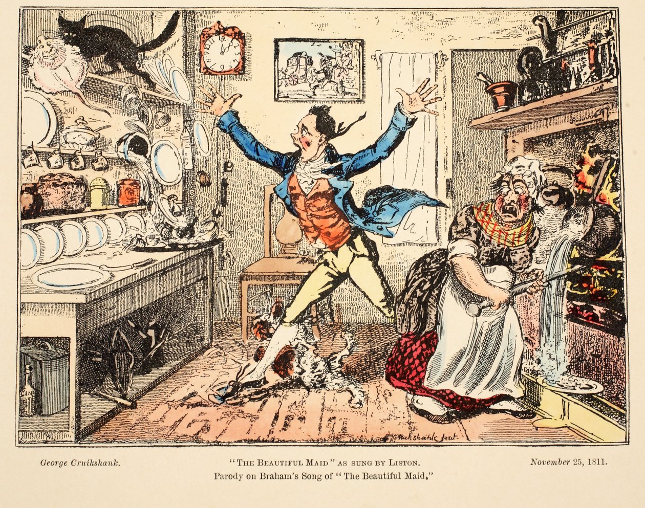 The Beautiful Maid som sunget av Liston, pub. 1811 (håndfarget gravering) av George Cruikshank