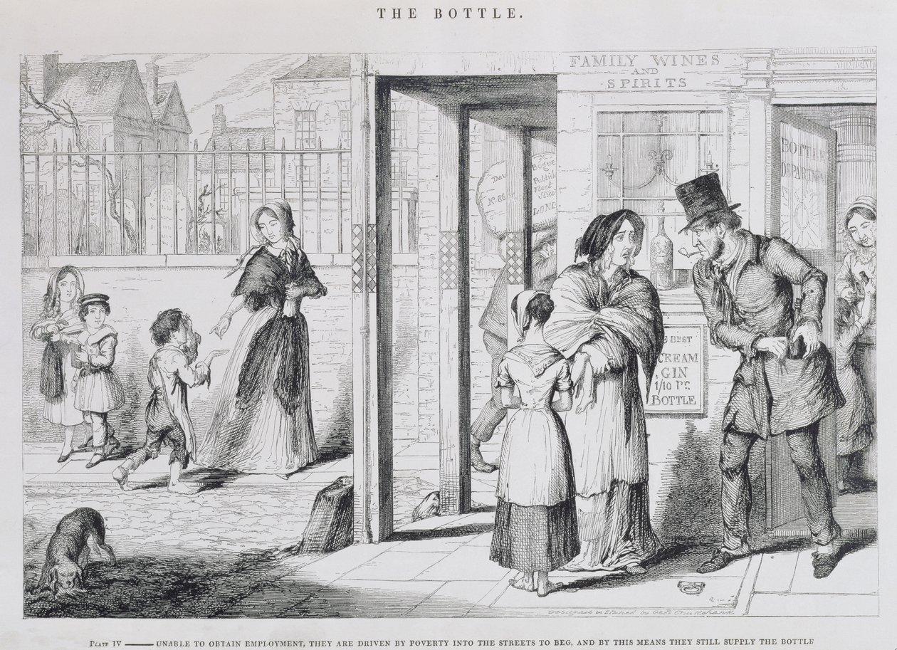 The Bottle, Plate IV, Ute av stand til å skaffe arbeid, de drives av fattigdom ut i gatene for å tigge, og på denne måten leverer de fortsatt flasken, 1847 av George Cruikshank
