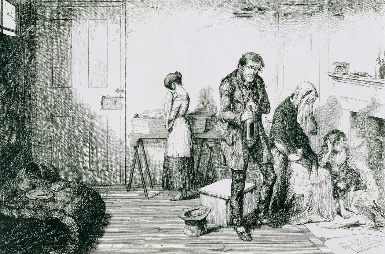 The Bottle, Plate V, Cold, elendighet og savn ødelegger deres yngste barn: de trøster seg med flasken, 1847 av George Cruikshank