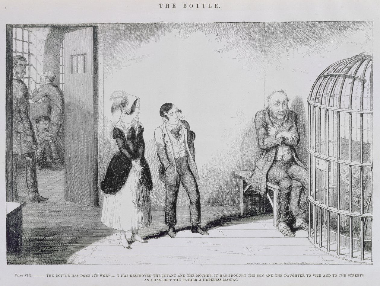 Flasken, Plate VIII, Flasken har gjort sitt arbeid - den har ødelagt spedbarnet og moren, den har brakt sønnen og datteren til last og ut på gatene, og har etterlatt faren en håpløs ma av George Cruikshank