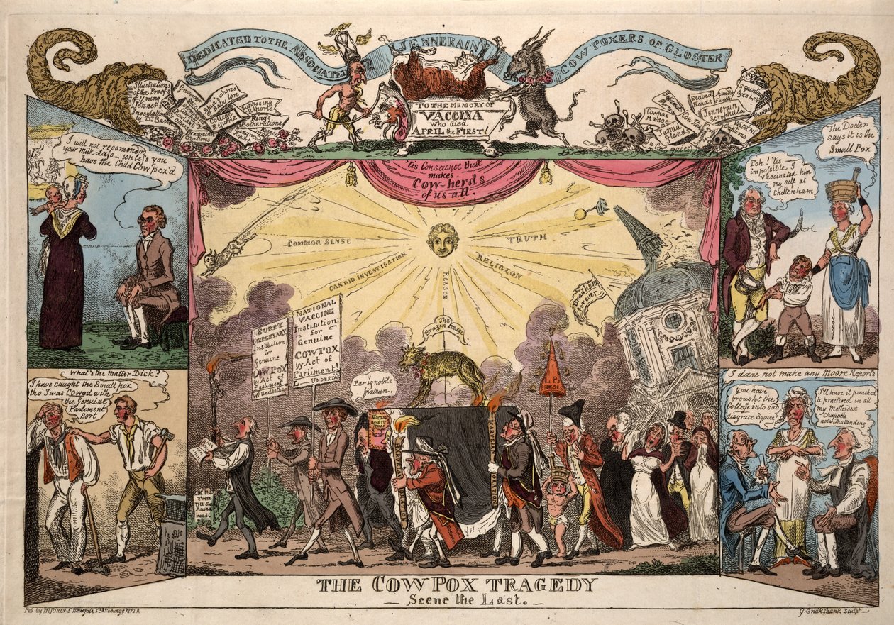 The Cow Pox Tragedy - Scene The Last, pub. London, 1812 (håndfarget gravering) av George Cruikshank