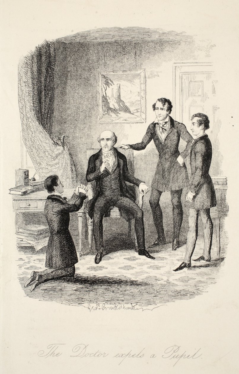 The Doctor Expels a Pupil, fra Frank Fairleigh eller Scenes From the Life of a Private Pupil, pub. ca. 1870 av George Cruikshank