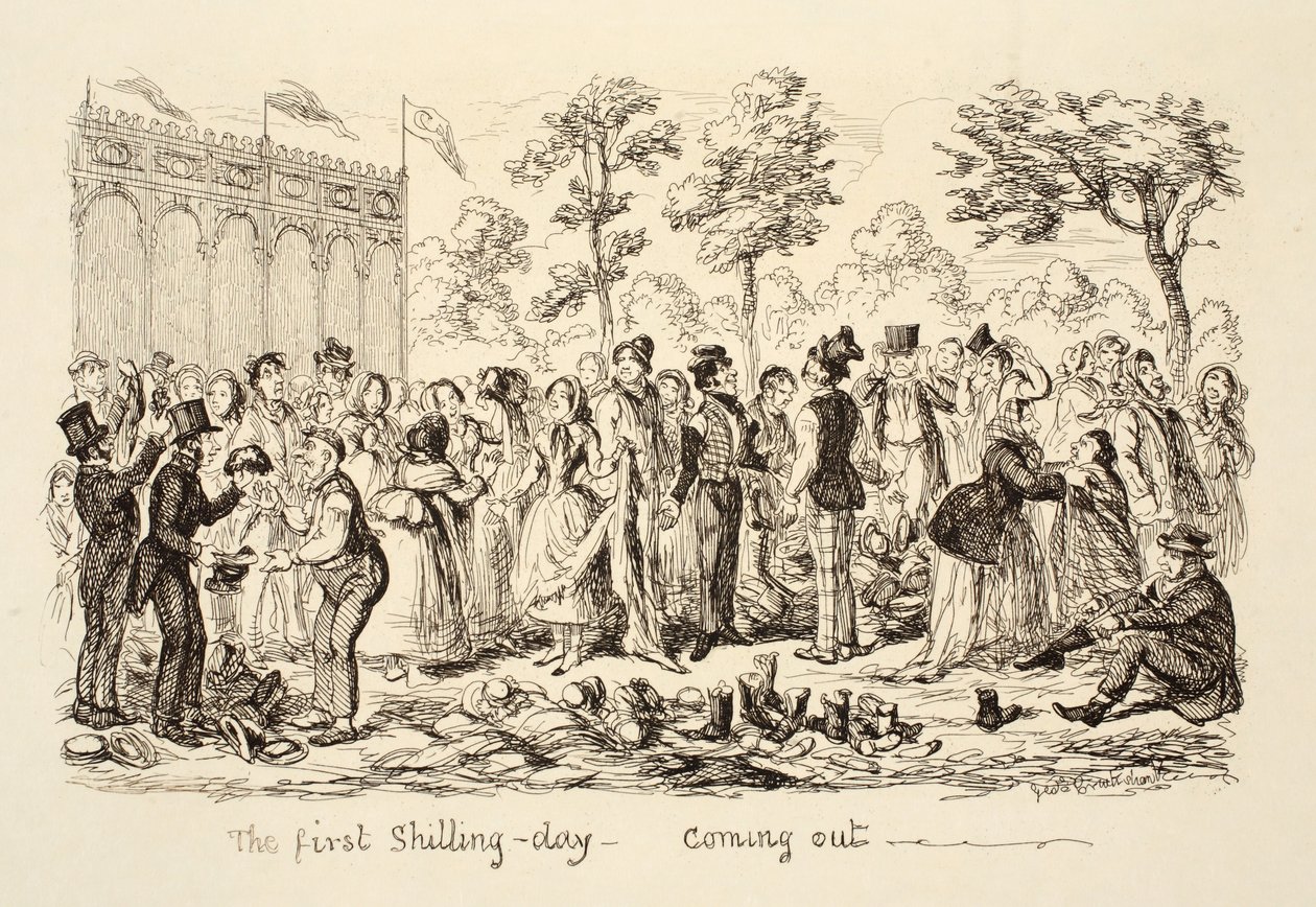Den første Shilling-dagen - Kommer ut, pub. 1851 av George Cruikshank