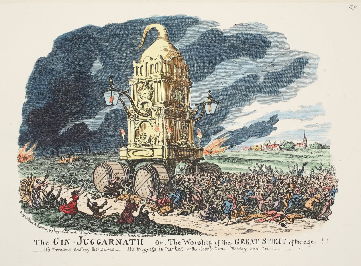 Gin Juggarnath eller tilbedelsen av den store tidsånden!! - Dens tilhengere ødelegger seg selv - Dens fremgang er preget av øde, elendighet og kriminalitet, pub. 1835 (håndfarget gravering) av George Cruikshank