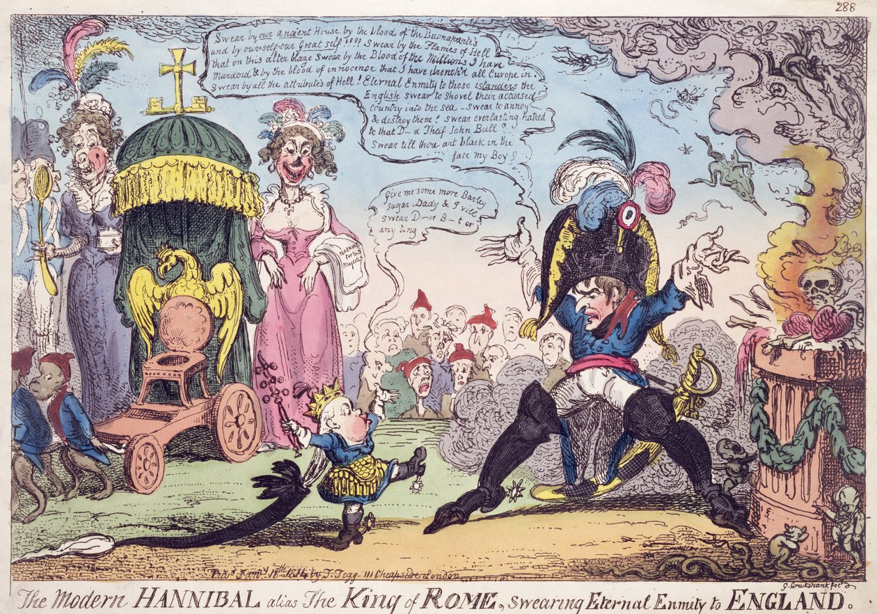 Kongen av Roma, 1814 - tegneserie som viser Napoleon og sønnen hans, Napoleon II (1811-32), Roi de Rome av George Cruikshank