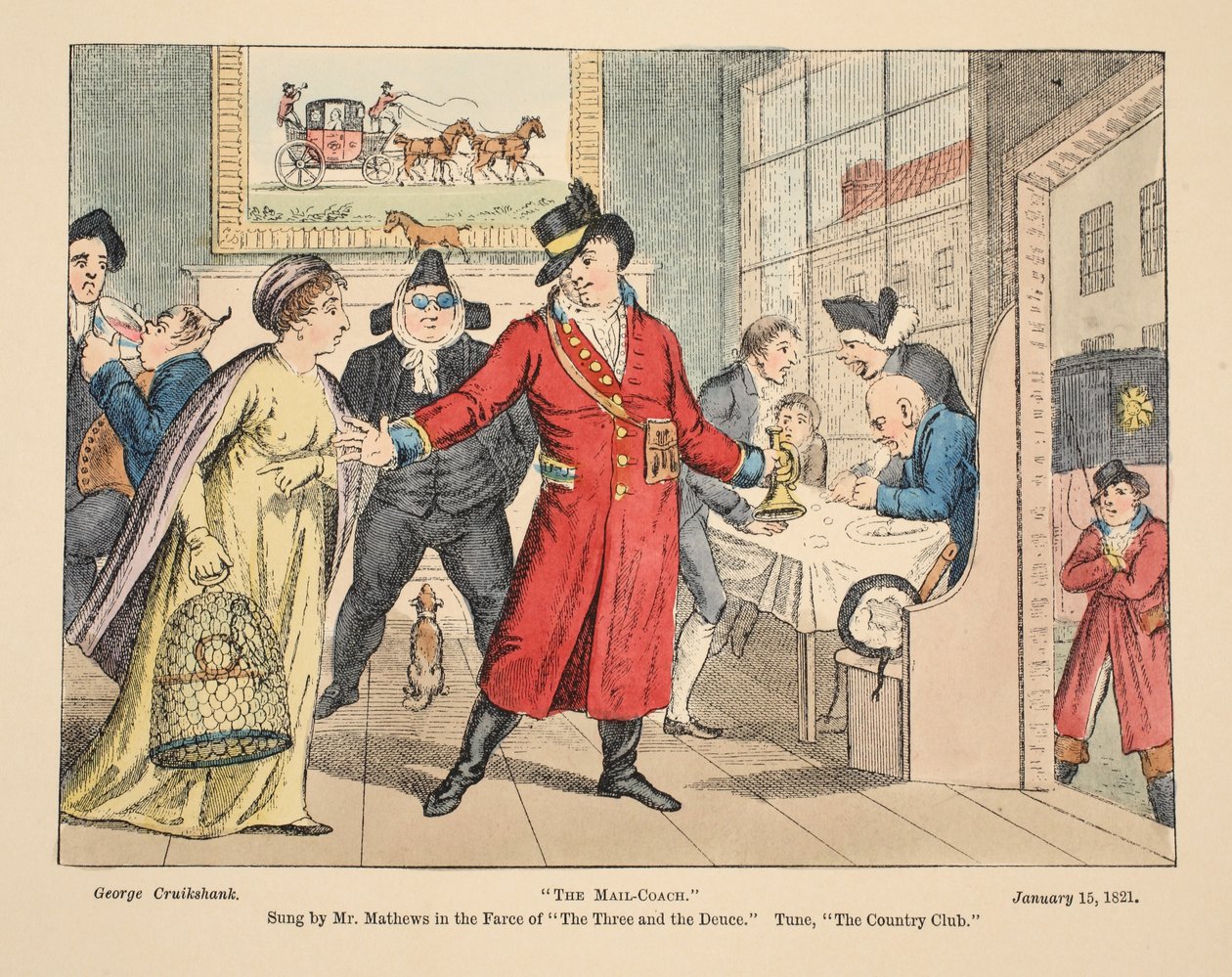 The Mail-Coach, sunget av Mr Mathews i Farce of The Three and the Deuce. Tune, The Country Club, pub. 1821 (håndfarget gravering) av George Cruikshank