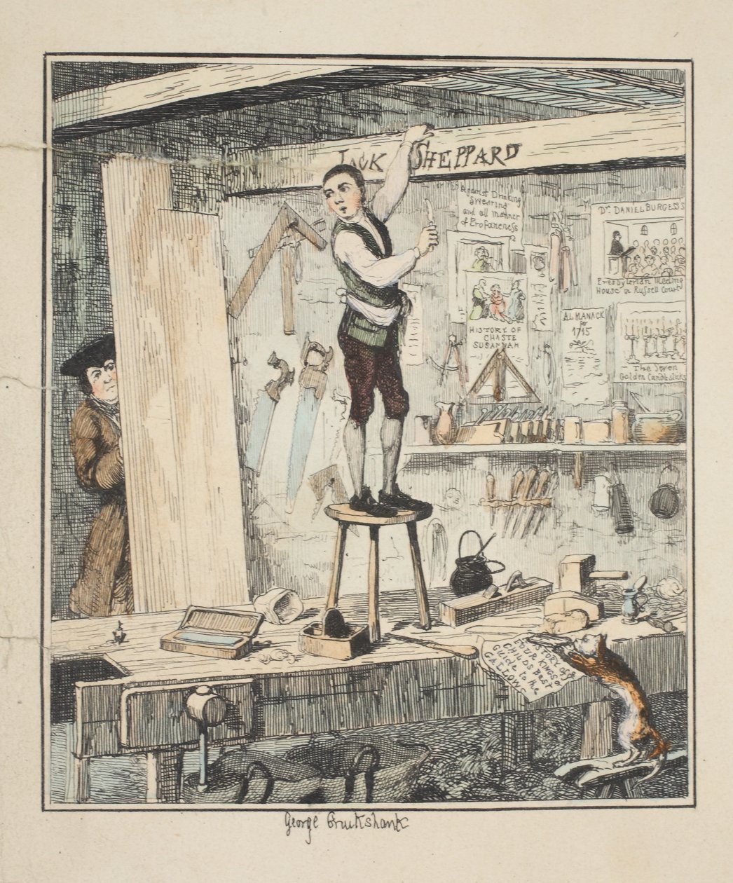 The Name on the Beam, illustrasjon fra Jack Sheppard: A Romance av William Harrison Ainsworth, utgitt 1839 (håndfarget etsning) av George Cruikshank