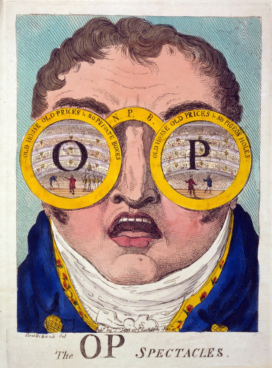 OP Spectacles, pub. 1809 (håndfarget etsning) av George Cruikshank