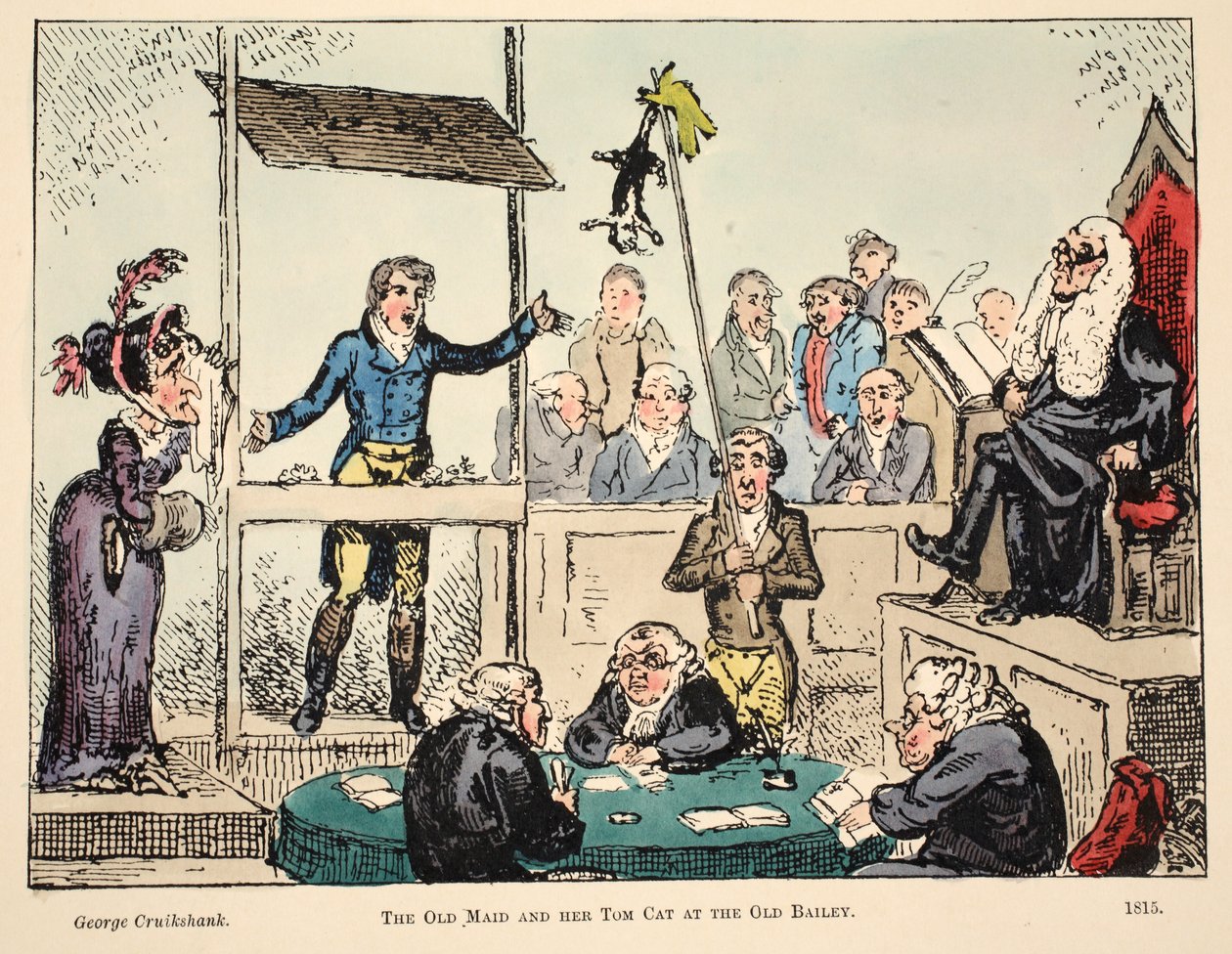 The Old Maid and her Tom Cat på Old Bailey, pub. 1815 (håndfarget gravering) av George Cruikshank