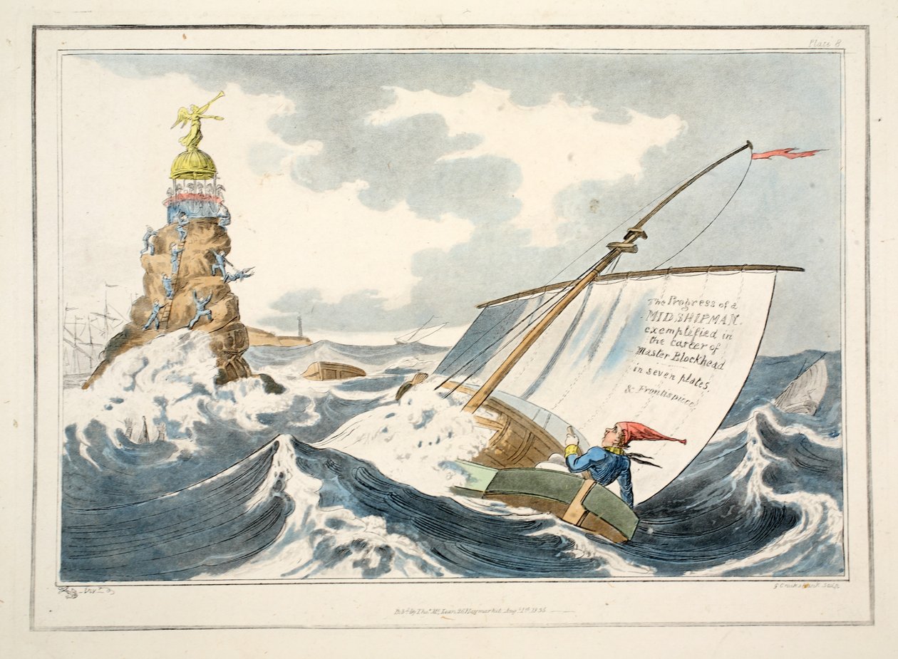 The Progress of a Midshipman eksemplifisert i karrieren til Master Blockhead i syv plater og Frontispice, 1835 (håndfarget gravering) av George Cruikshank