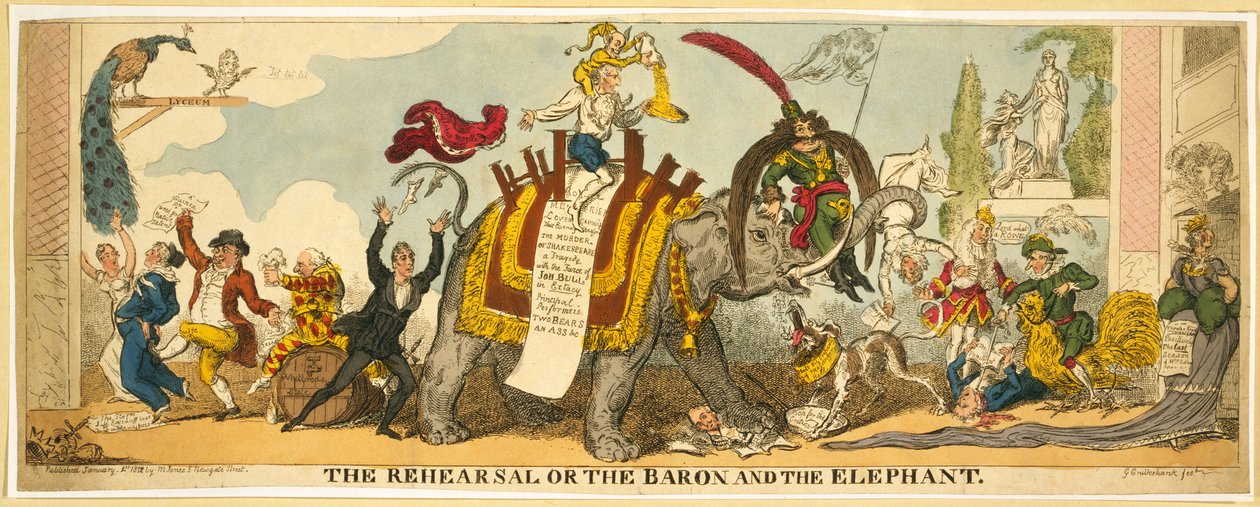 The Repetition eller Baronen og elefanten, pub. 1812 (håndfarget gravering) av George Cruikshank