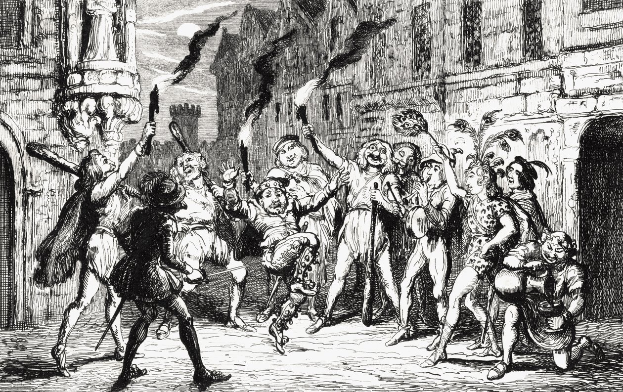 The Revellers, illustrasjon fra 'The Fair Maid of Perth' av Sir Walter Scott (1771-1832) publisert 1845 av George Cruikshank