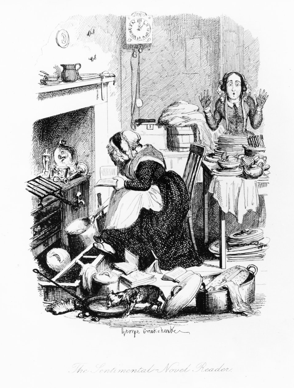 The Sentimental-Novel Reader, illustrasjon fra 'The Greatest Plague of Life, or the Adventures of a Lady in Search of a Good Servant' av Augustus og Henry Mayhew, utgitt 1847 av George Cruikshank
