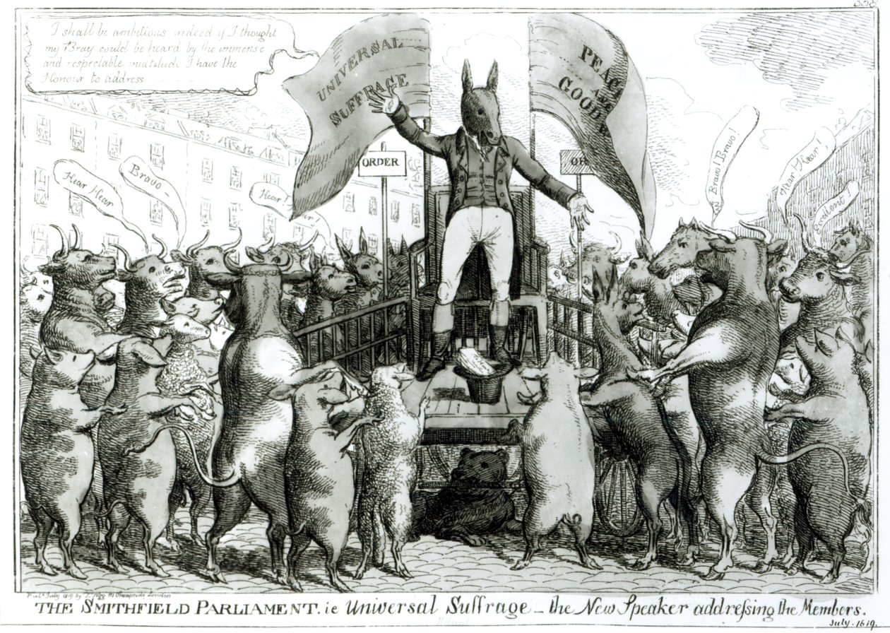 Smithfield Parliament: Universal Suffrage, utgitt av Thomas Tegg, juli 1819 av George Cruikshank