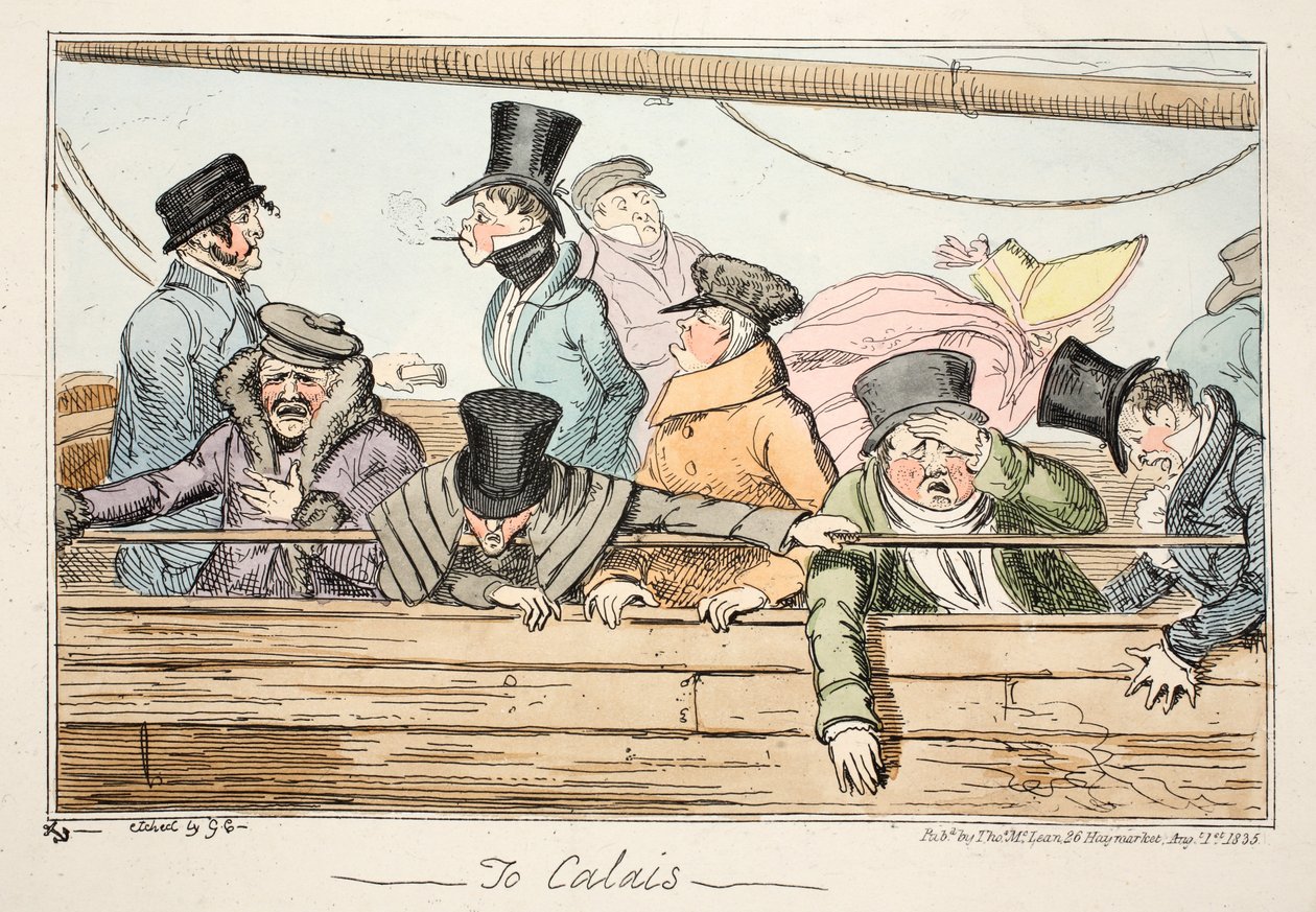 Til Calais, pub. 1835 (håndfarget etsning) av George Cruikshank
