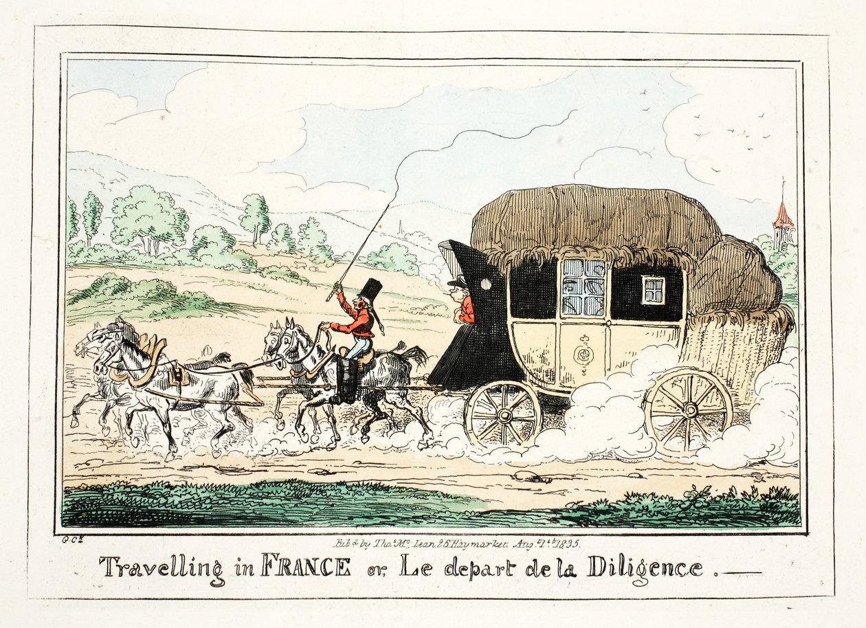 Reiser i Frankrike eller Le Depart de la Diligence, 1835 (håndfarget gravering) av George Cruikshank