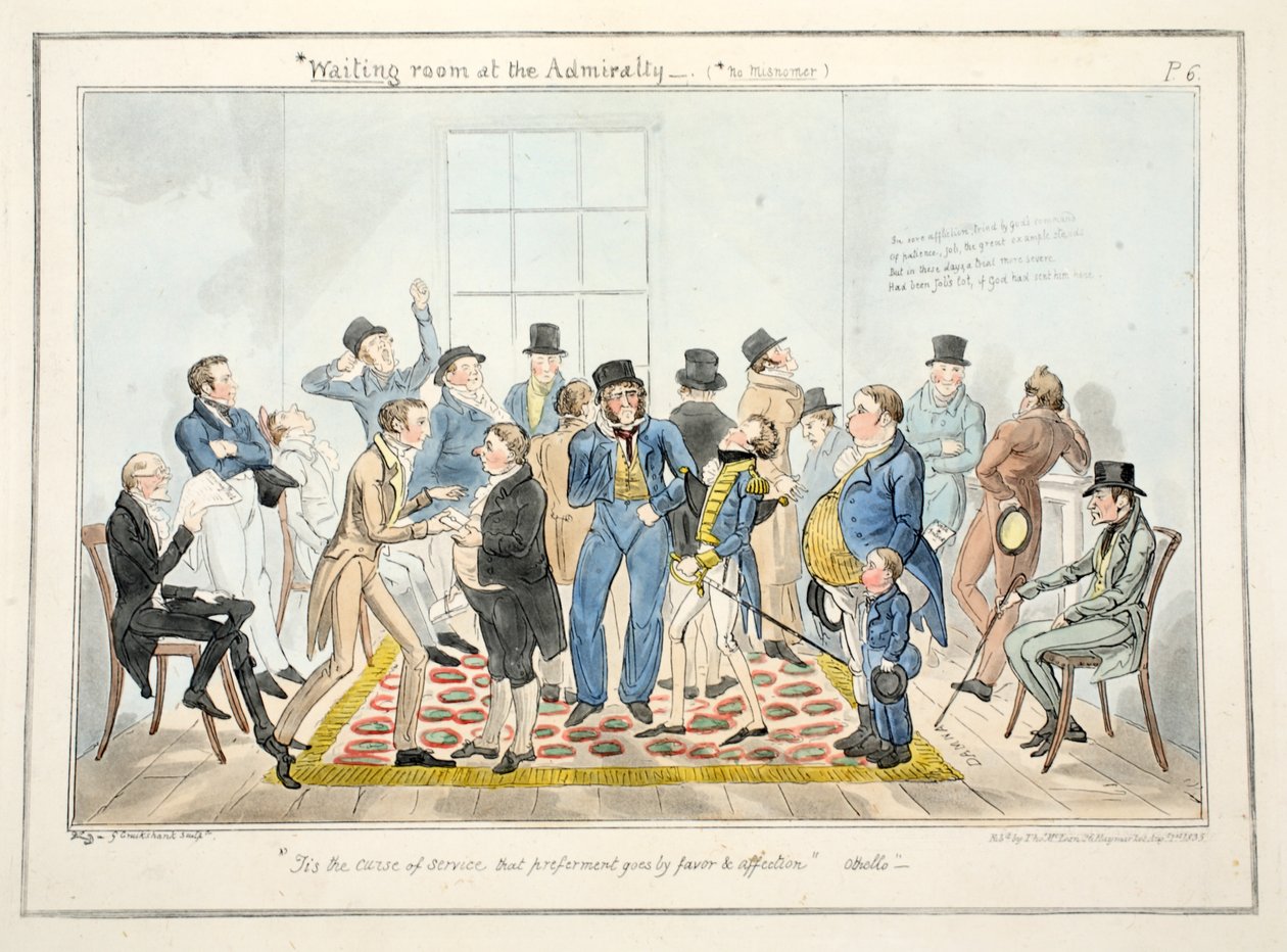 Waiting Room at the Admiralty, fra The Progress of a Midshipman, pub. 1835 (håndfarget gravering) av George Cruikshank