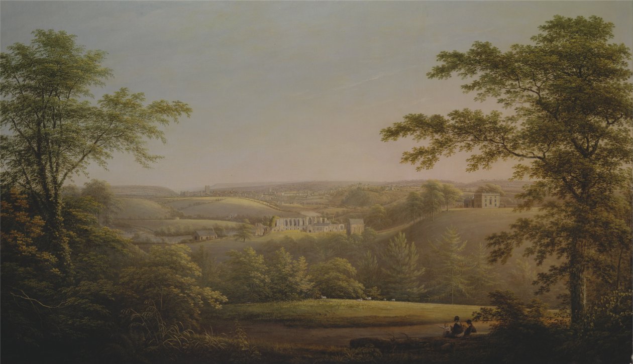 Easby Hall og Easby Abbey med Richmond, Yorkshire i bakgrunnen av George Cuitt