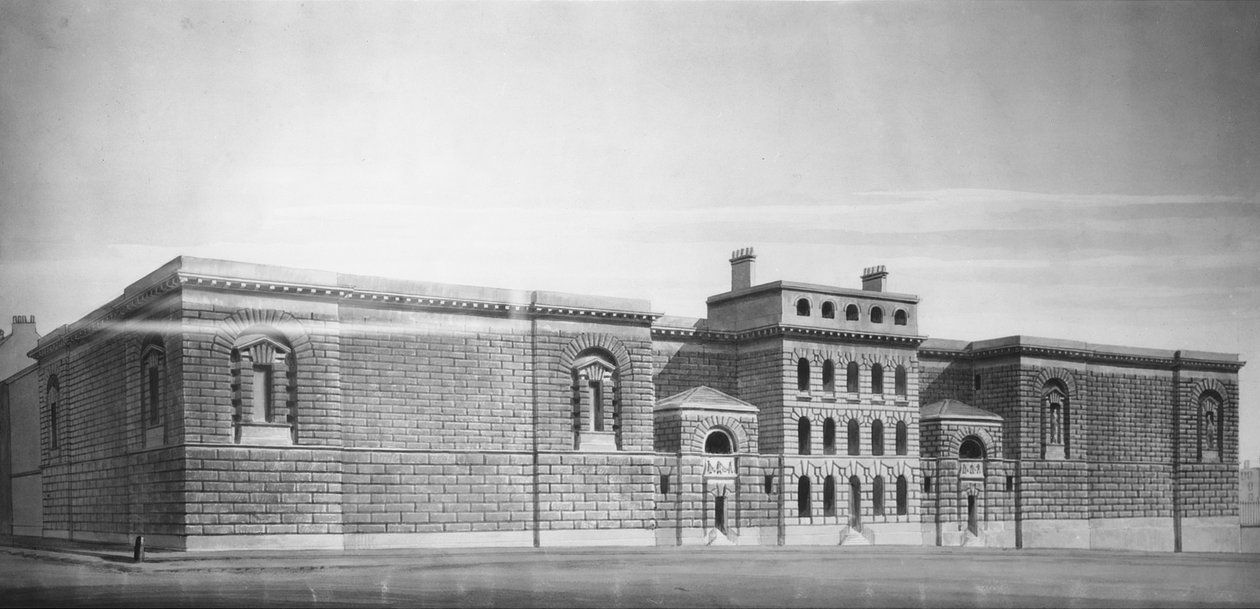 Newgate Gaol: Elevasjon, tegning (bw negativ) av George Dance
