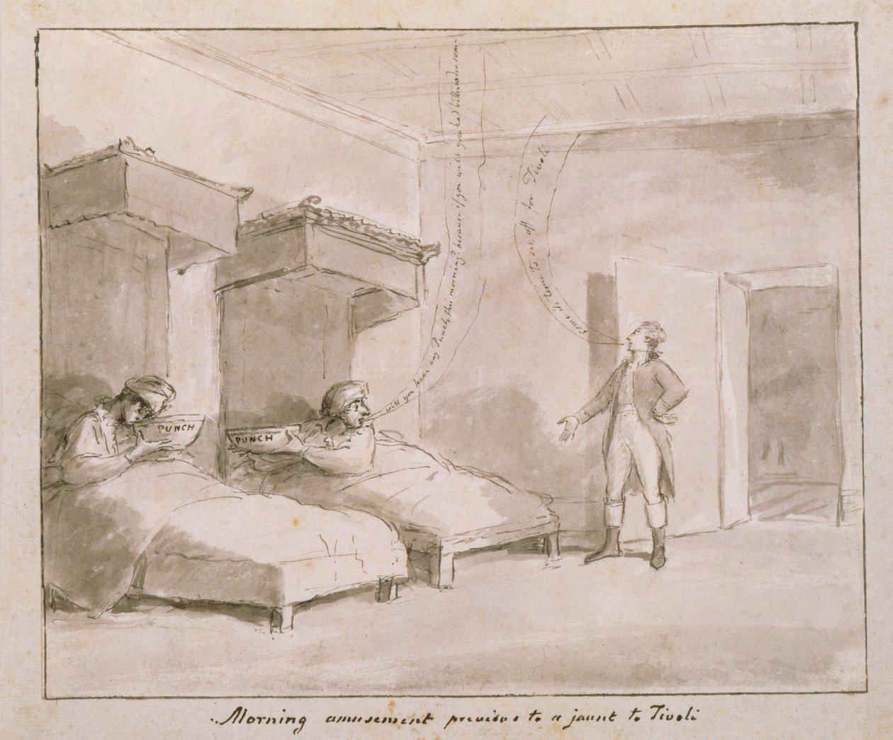 Nr.889-6 Morgenfornøyelser før en tur til Tivoli (penn og vask, blyant) av George Dance