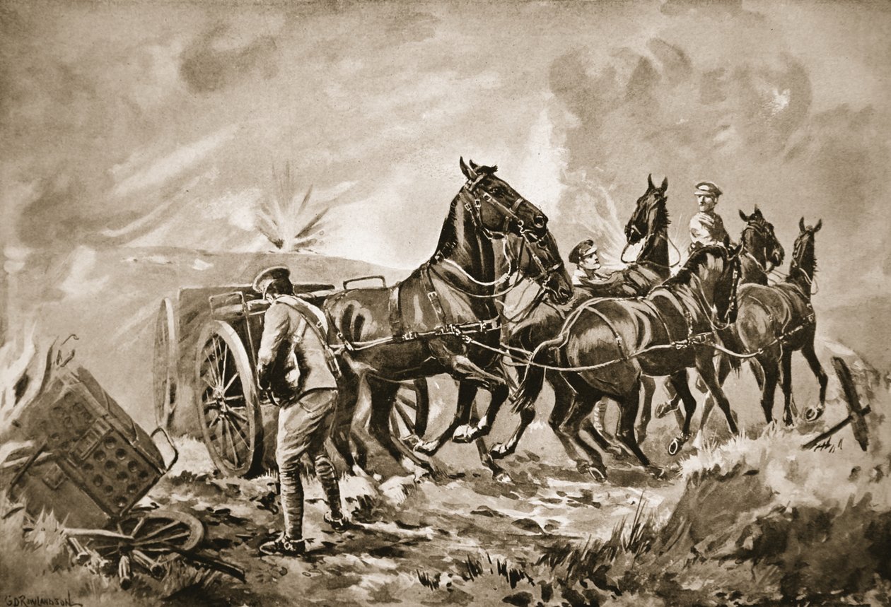 Driver King hjelper til med å hekte en pistol til en lem under kraftig ild av George Derville Rowlandson