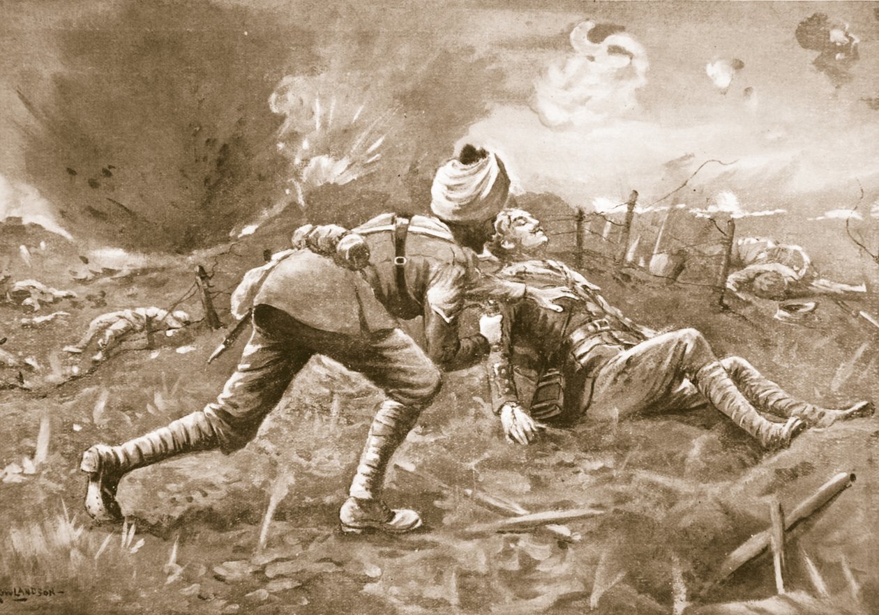 Lance-Naik Lala drar en såret offiser, som han fant liggende nær fienden, til et ly og bandasjerer sårene hans av George Derville Rowlandson