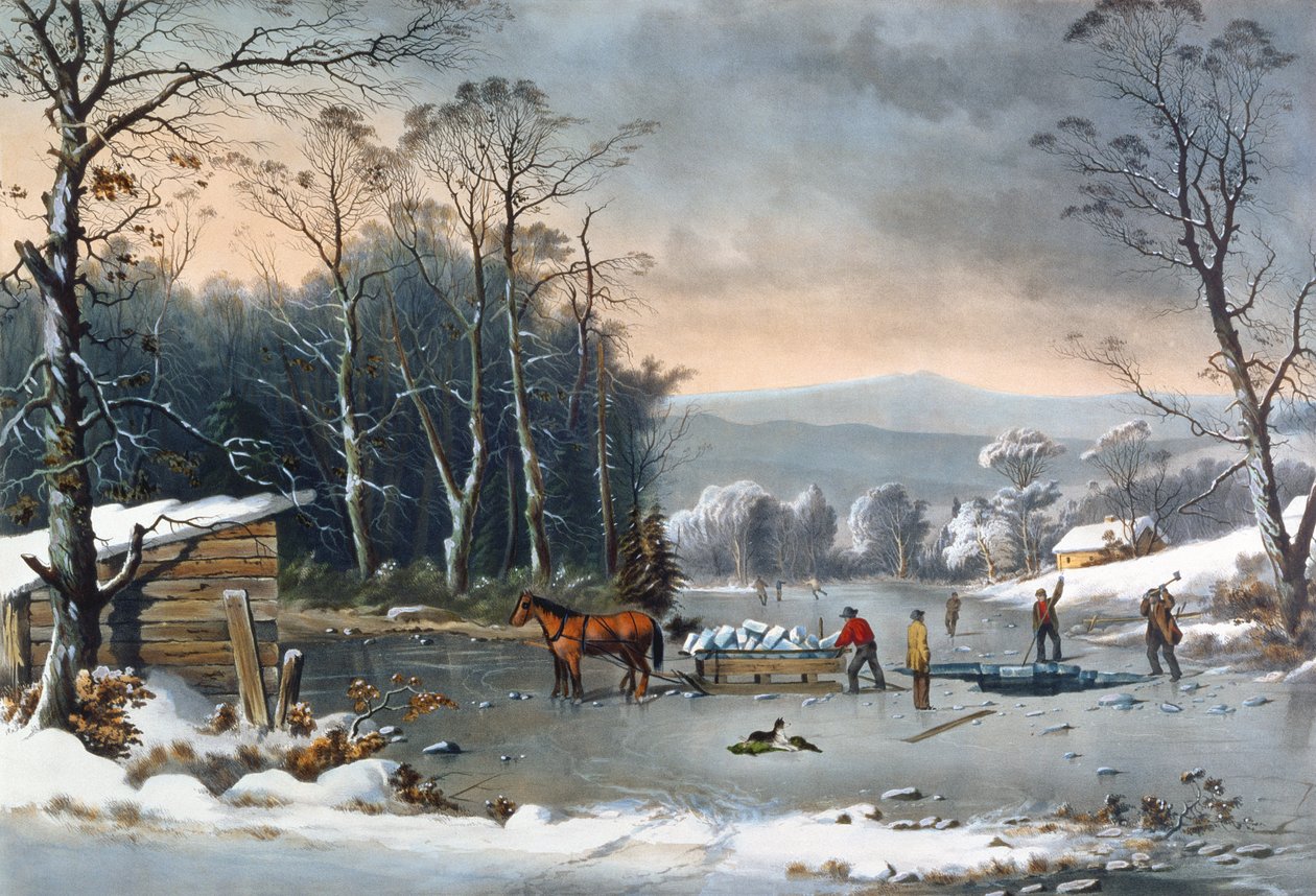 Winter in the Country, Getting Ice, pub. av Currier og Ives, New York, 1864 av George Henry Durrie
