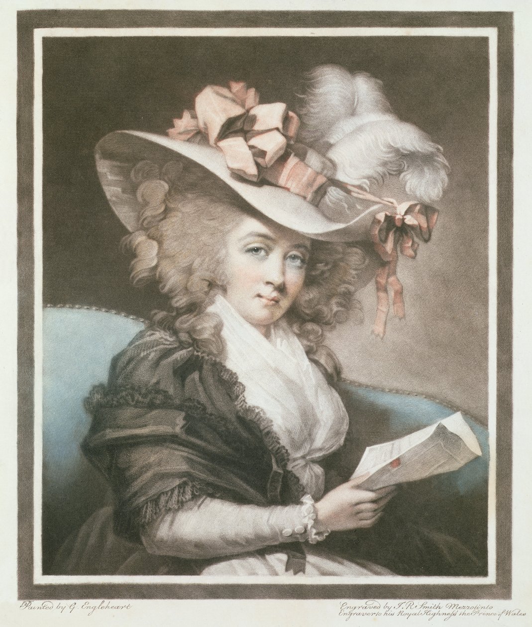 Mrs Mills, gravert og pub. av John Raphael Smith (1752-1812), 1786 (mezzotintgravering) av George Engleheart