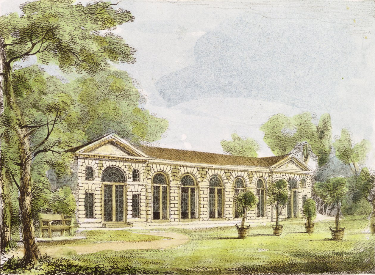 Orangery, Kew Gardens, plate 11 fra 'Kew Gardens: A Series of Twenty-Four Drawings on Stone', gravert av Charles Hullmandel (1789-1850) utgitt 1820 (håndkolorert lito) av George Ernest Papendiek