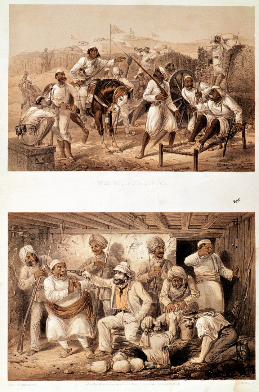 To scener av det indiske mytteriet i 1857 som skildrer mytteri og en engelsk agent som henter ut skatter etter okkupasjonen av Delhi av George Francklin Atkinson