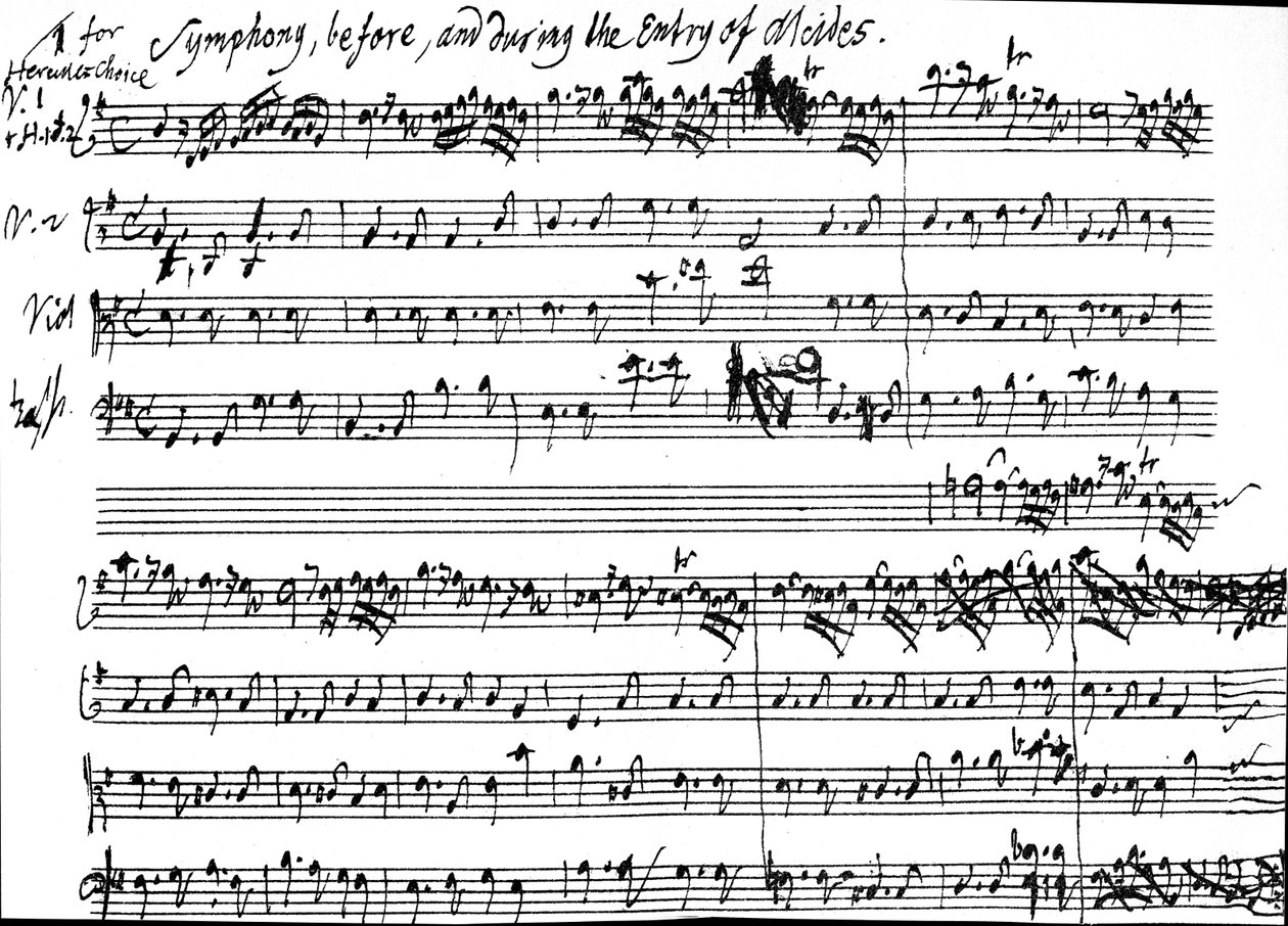 Originalpartitur fra begynnelsen av symfonien som akkompagnerte Alcides inntreden i Tobias Smolletts skuespill 