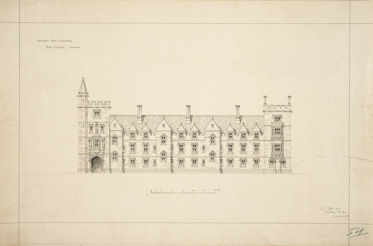 New College Oxford: Proposed New Buildings, 1870-79 (blekk på papir) av George Gilbert Scott