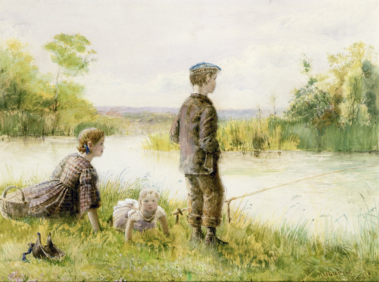 Barn som fisker ved en bekk av George Goodwin Kilburne